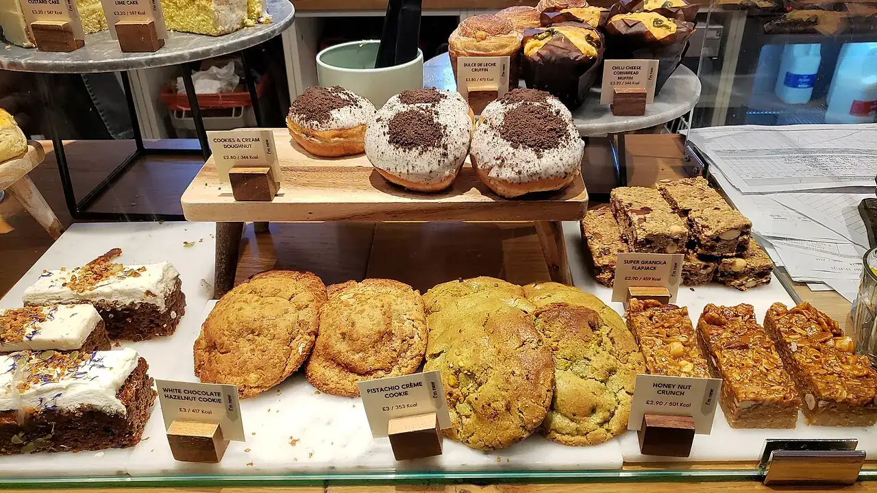 Bakery counter with slices and cookies